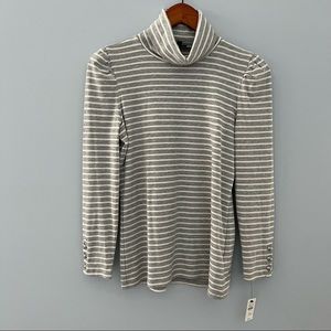 NWT Talbots Gray White Stripped Ribbed Knit Puff Sleeve Turtleneck Women’s Small